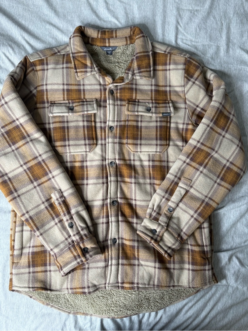 Eddie Bauer Cream & Brown Plaid Sherpa-Lined Shirt Jacket